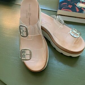 Chinese Laundry Transparent and Tan Sandals with Silver Buckles